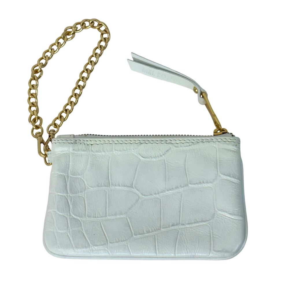 Mel Boteri White Croc-Embossed Leather Wristlet Mini Pouch Gold-Tone Hardware
